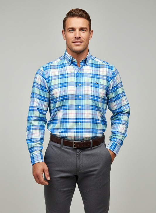 Camisa de botones Vineyard Vines 🐳 de cuadros en color celeste, turquesa y blanco Talla S Entalle Clásico