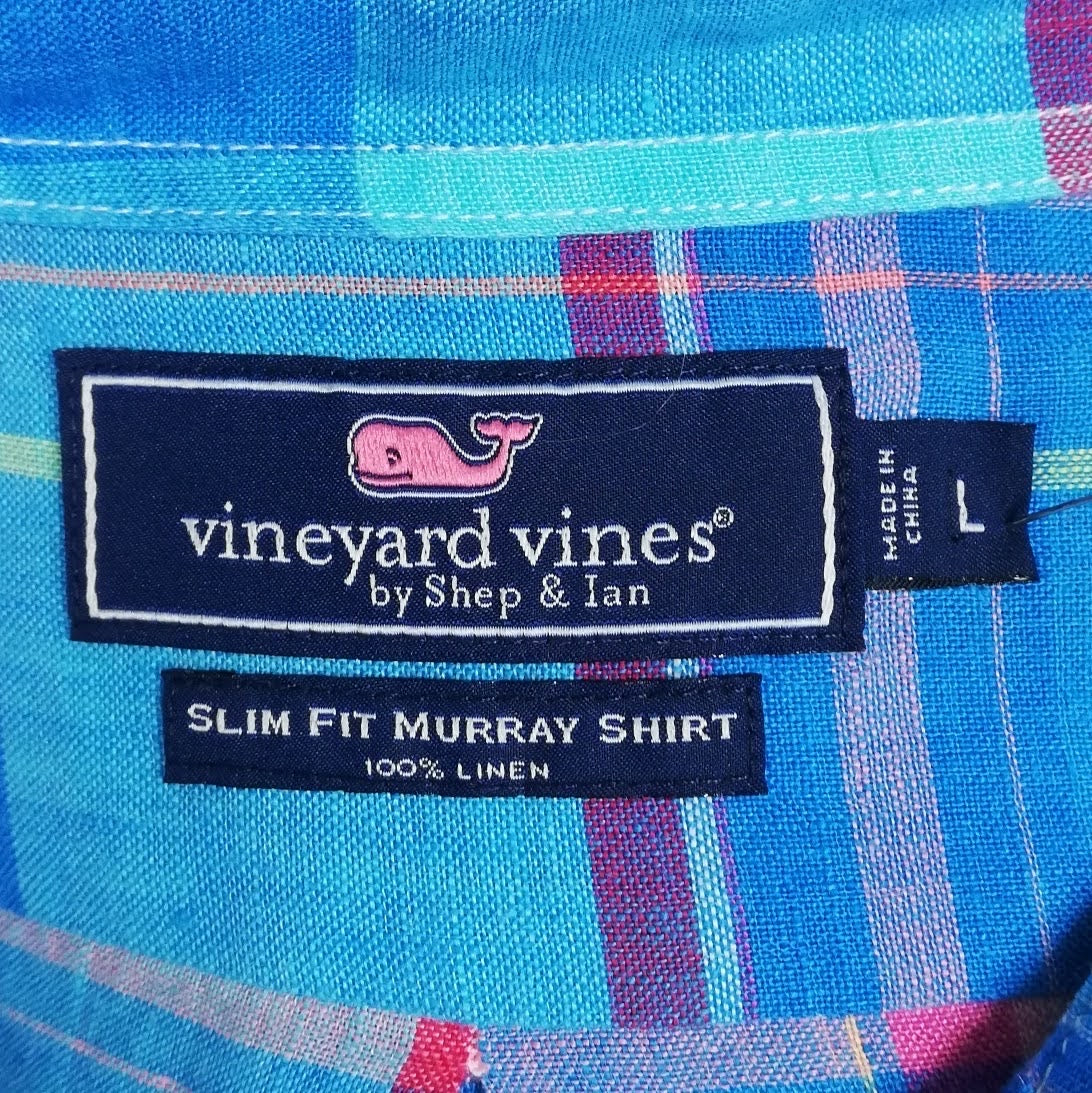 Camisa de botones Vineyard Vines 🐳 De Lino color turquesa con patrón de cuadros en azul y rosado Talla L Entalle Slim Fit