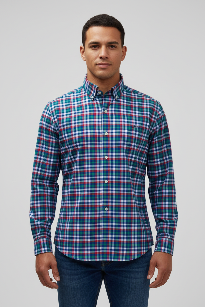 Camisa de botones Vineyard Vines 🐳 Performance de cuadros en color verde, azul, rojo y blanco Talla XL Entalle Regular