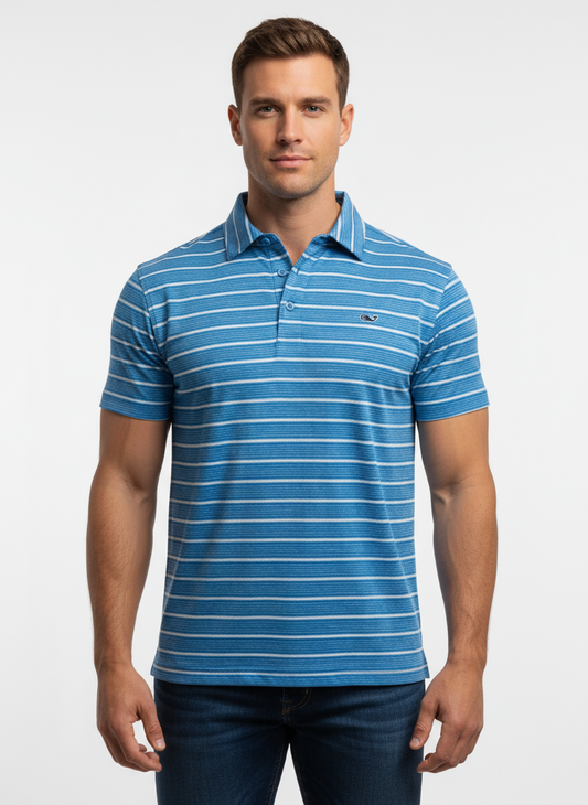 Camiseta Polo Vineyard Vines 🐳 Performance con rayas en celeste y blanco Talla S Entalle Regular