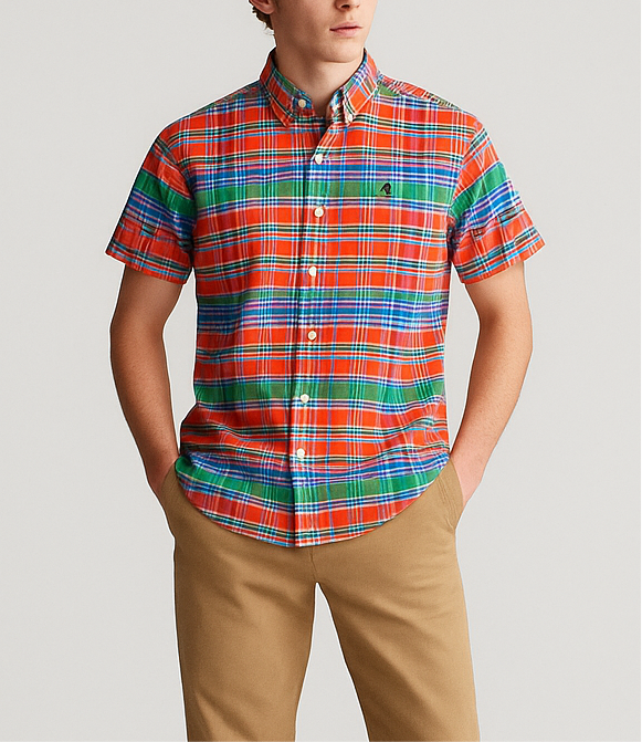 Camisa de niño Polo Ralph Lauren 🏇🏼 color patron de cuadros en naranja, azul, verde y blanco Talla XL (18) Entalle Regular