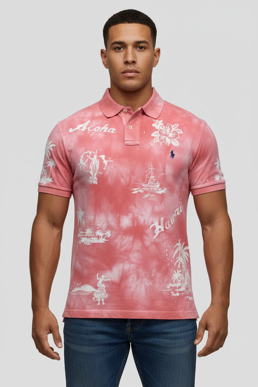 Camiseta Polo Ralph Lauren 🏇🏼 color rosado con diseño de hawaiano en color blanco Talla XL Entalle Clásico