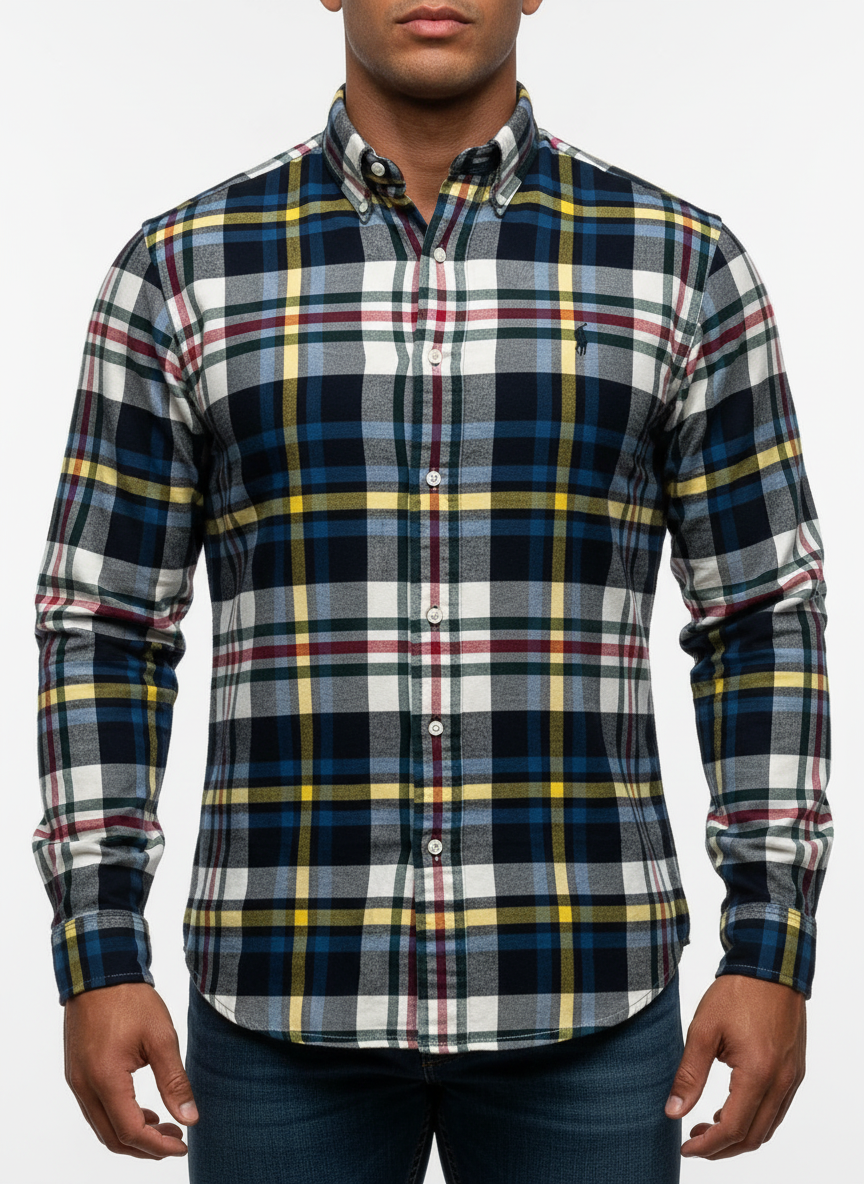 Camisa Polo Ralph Lauren 🏇🏼 color blanco de cuadros tartán rojo verde, amarillo y azul Talla M Entalle Clásico