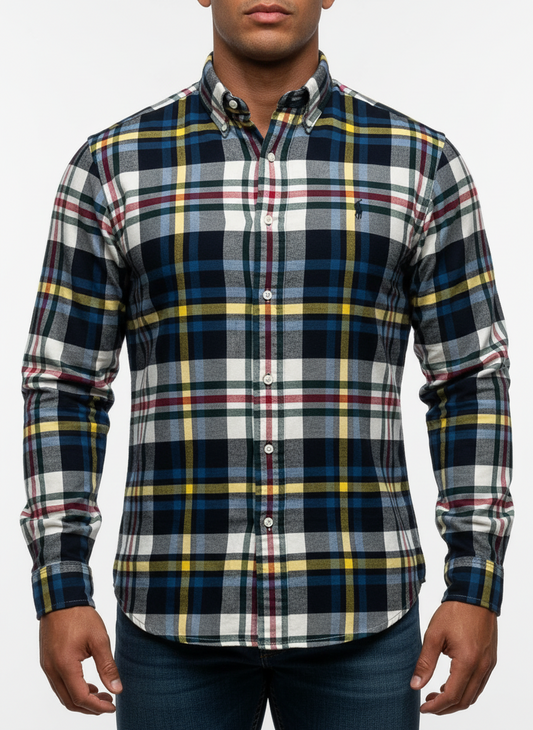 Camisa Polo Ralph Lauren 🏇🏼 color blanco de cuadros tartán rojo verde, amarillo y azul Talla M Entalle Clásico