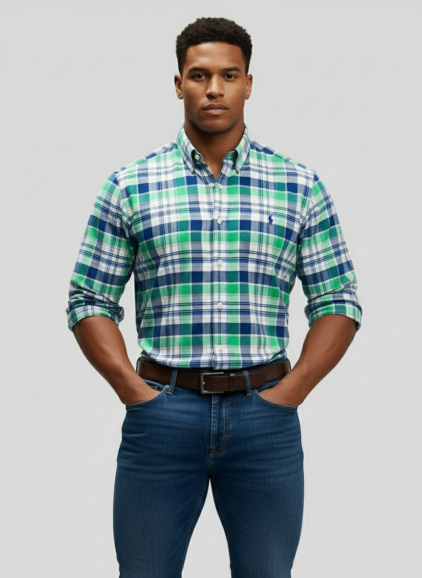 Camisa de botones Polo Ralph Lauren 🏇🏼 Oxford de cuadros tartán en color verde, rosado, azul y blanco Talla XL Entalle Regular