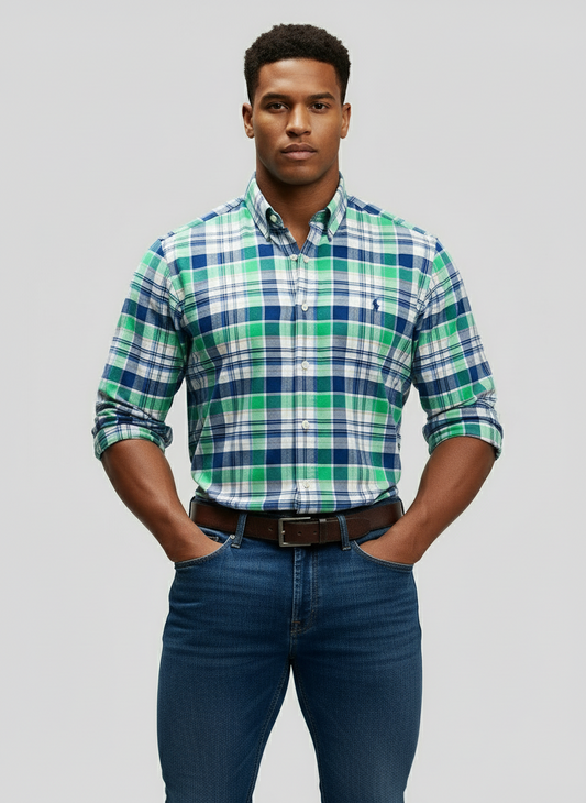 Camisa de botones Polo Ralph Lauren 🏇🏼 Oxford de cuadros tartán en color verde, rosado, azul y blanco Talla XL Entalle Regular