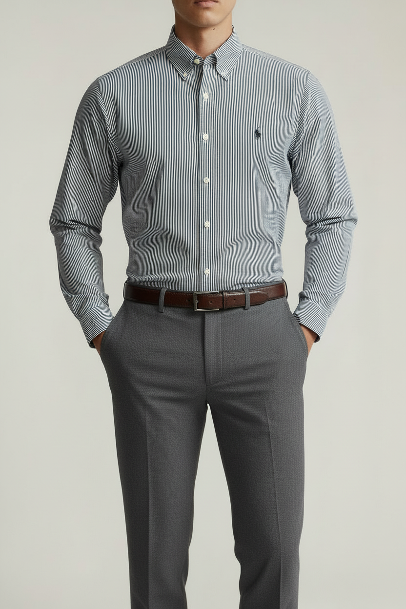 Camisa Polo Ralph Lauren 🏇🏼 color blanco con patron de rayas finas en color negro Talla L Entalle Regular