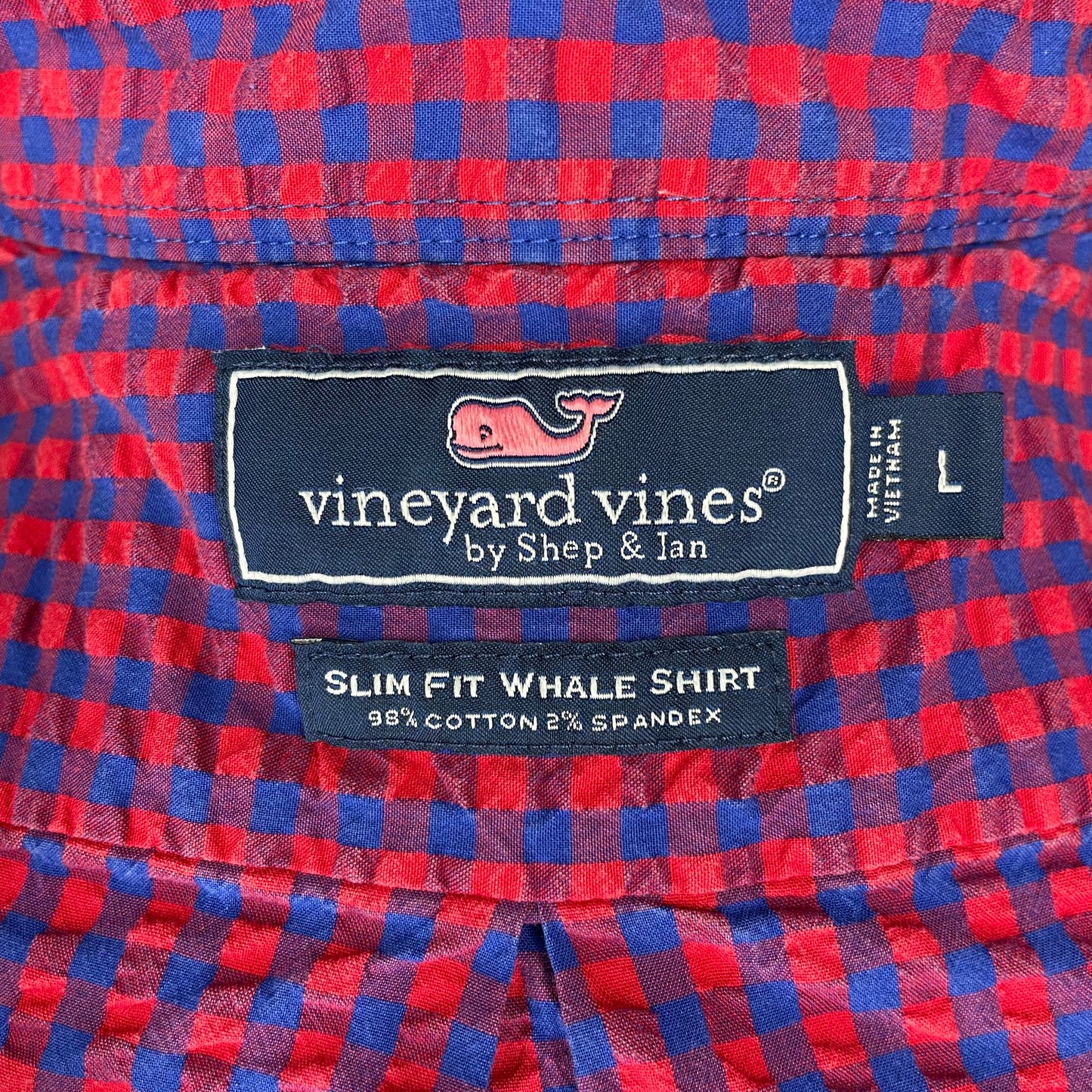 Camisa de botones Vineyard Vines 🐳 Seersucker con patrón de cuadros en color rojo y azul Talla L Entalle Slim Fit