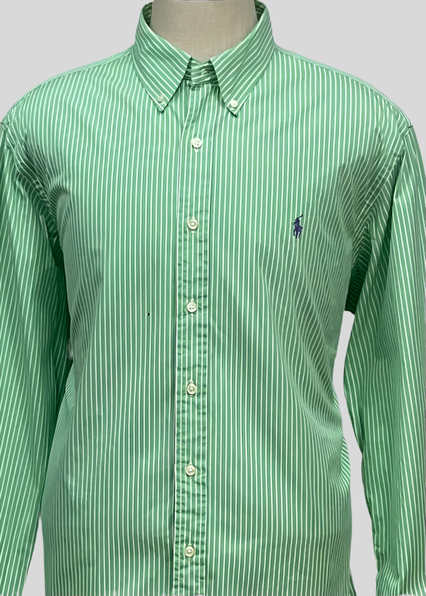 Camisa Polo Ralph Lauren 🏇🏼 color verde con patron de rayas en color blanco Talla XXL Entalle Custom Fit