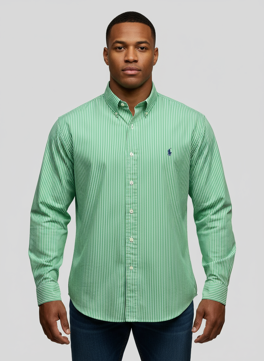 Camisa Polo Ralph Lauren 🏇🏼 color verde con patron de rayas en color blanco Talla XXL Entalle Custom Fit