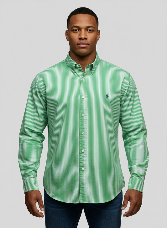 Camisa Polo Ralph Lauren 🏇🏼 color verde con patron de rayas en color blanco Talla XXL Entalle Custom Fit