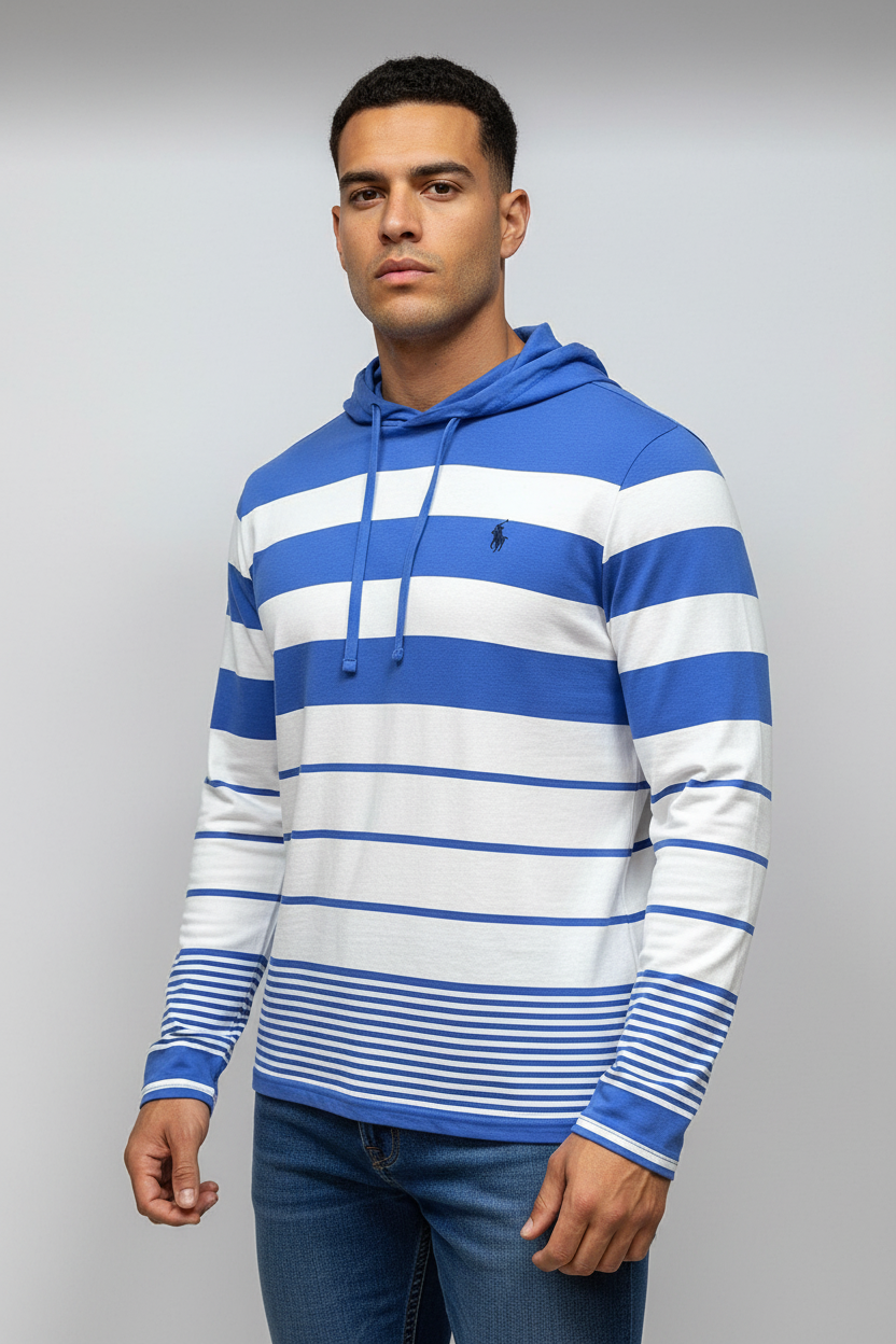 Sueter Jersey con capucha Polo Ralph Lauren 🏇🏼 con patron de rayas en color celeste y blanco Talla S