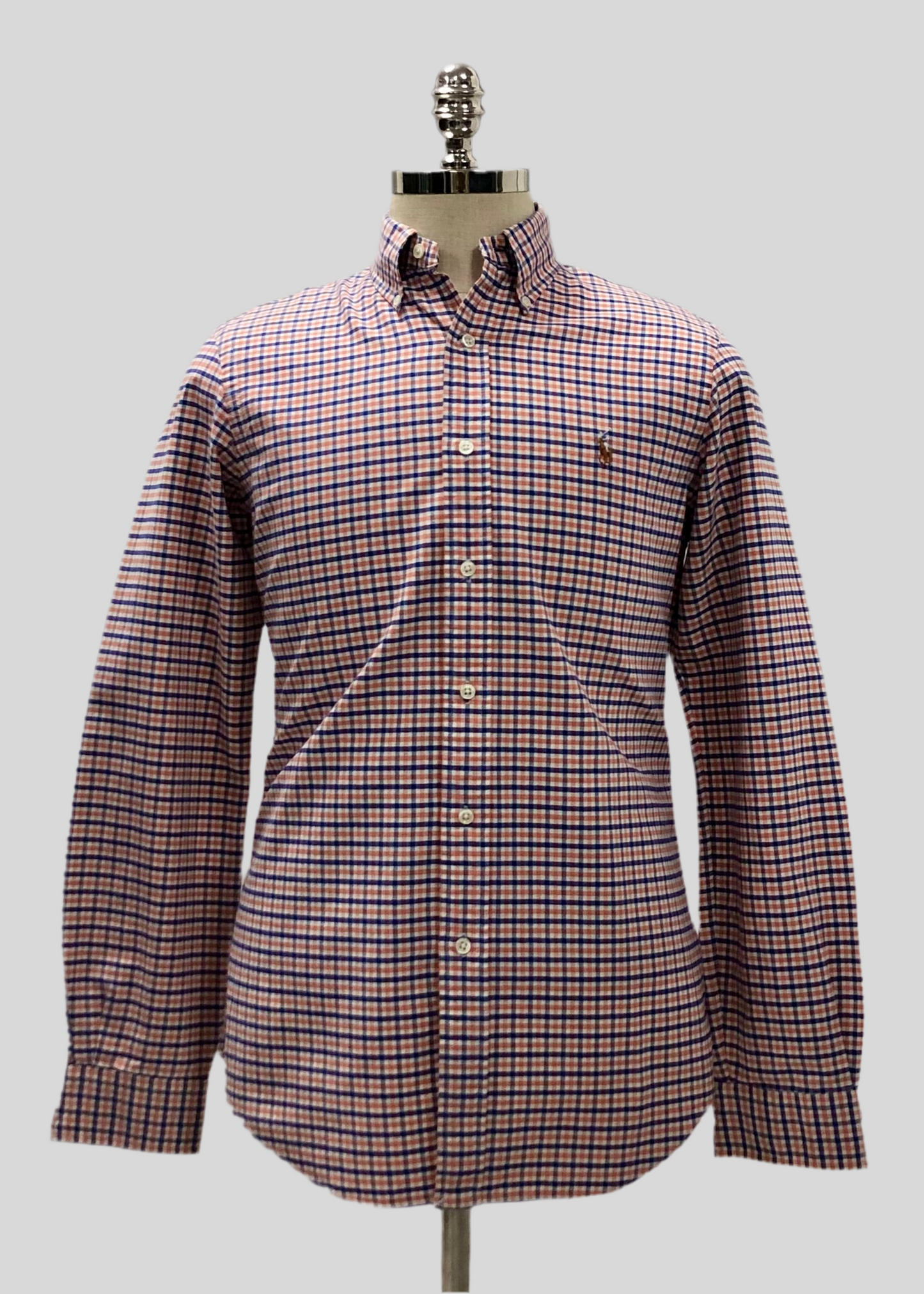 Camisa Polo Ralph Lauren 🏇🏼 Color blanco con patron de cuadros azul y naranja Talla S Entalle Regular