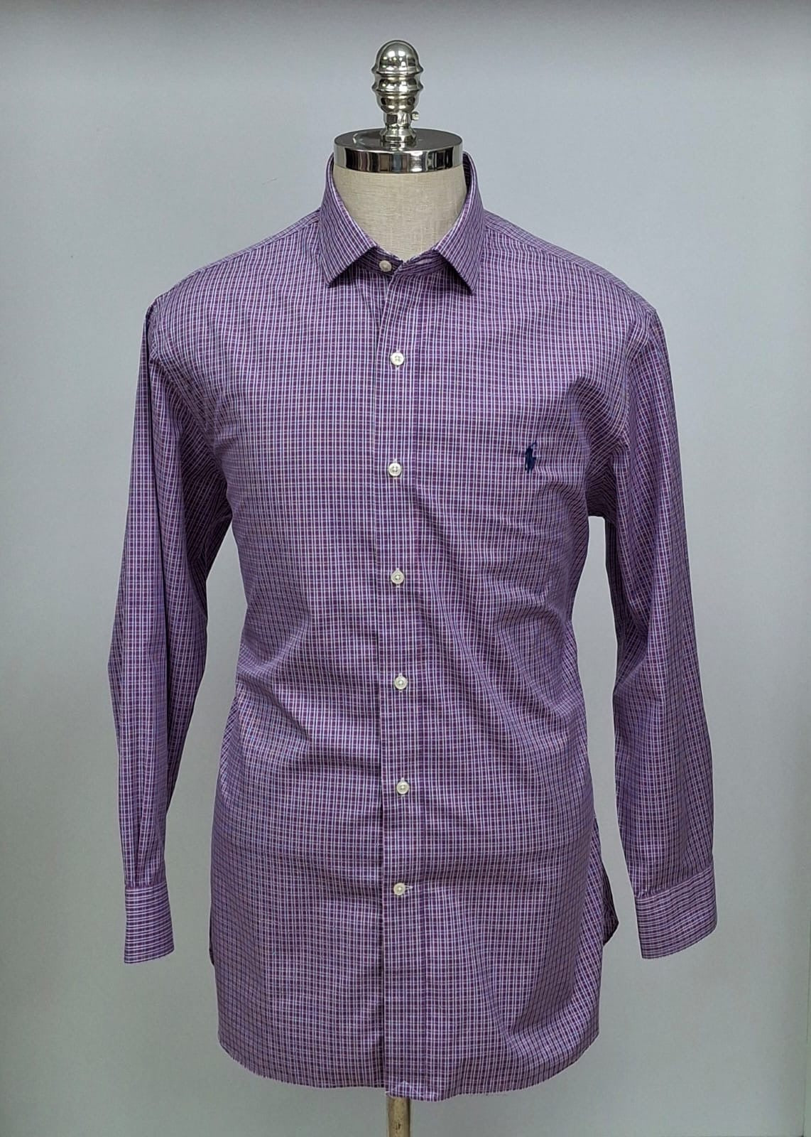 Camisa Polo Ralph Lauren 🏇🏼 color blanco con cuadros morado y azul Talla XL Entalle Slim Fit