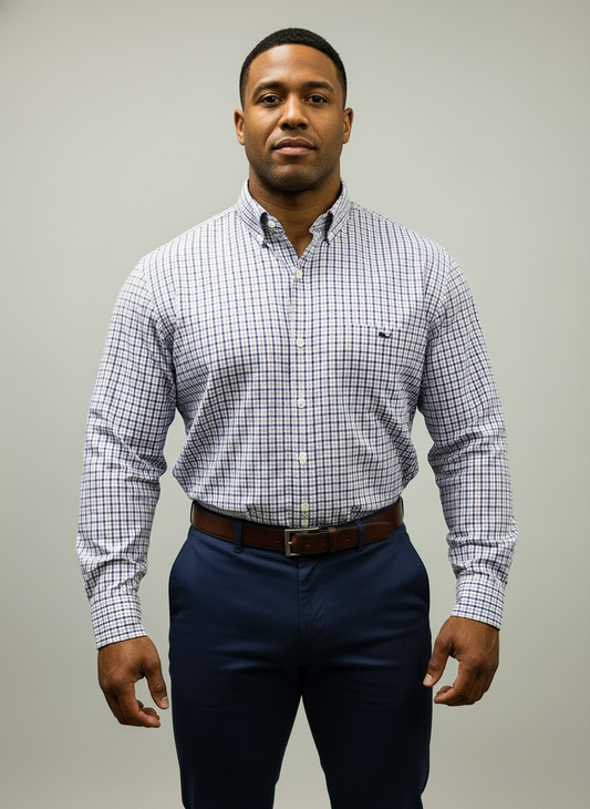 Camisa de botones Vineyard Vines 🐳 de cuadros en color rosado, azul y blanco Talla L Entalle Clásico