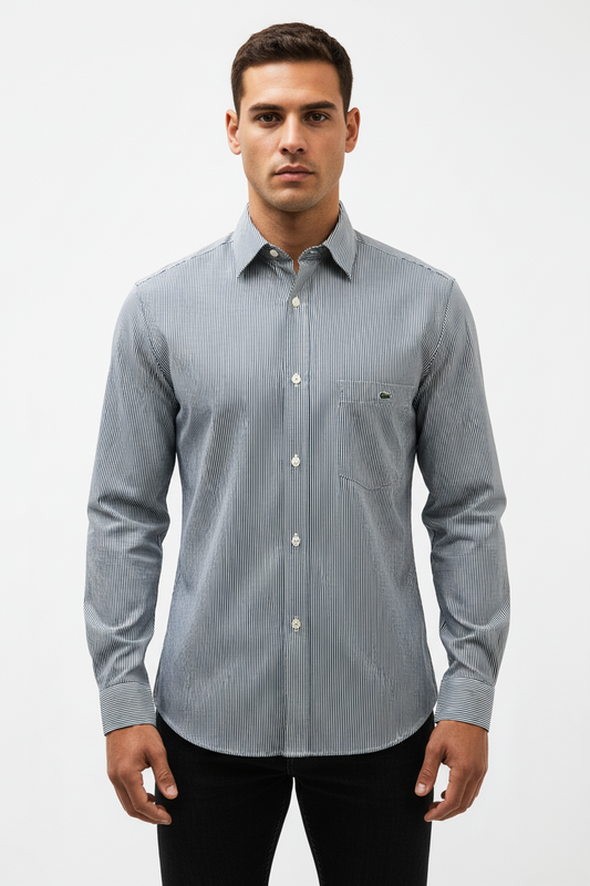 Camisa de botones Lacoste 🐊 de rayas finas en azul navy y blanco Talla L Entalle Regular