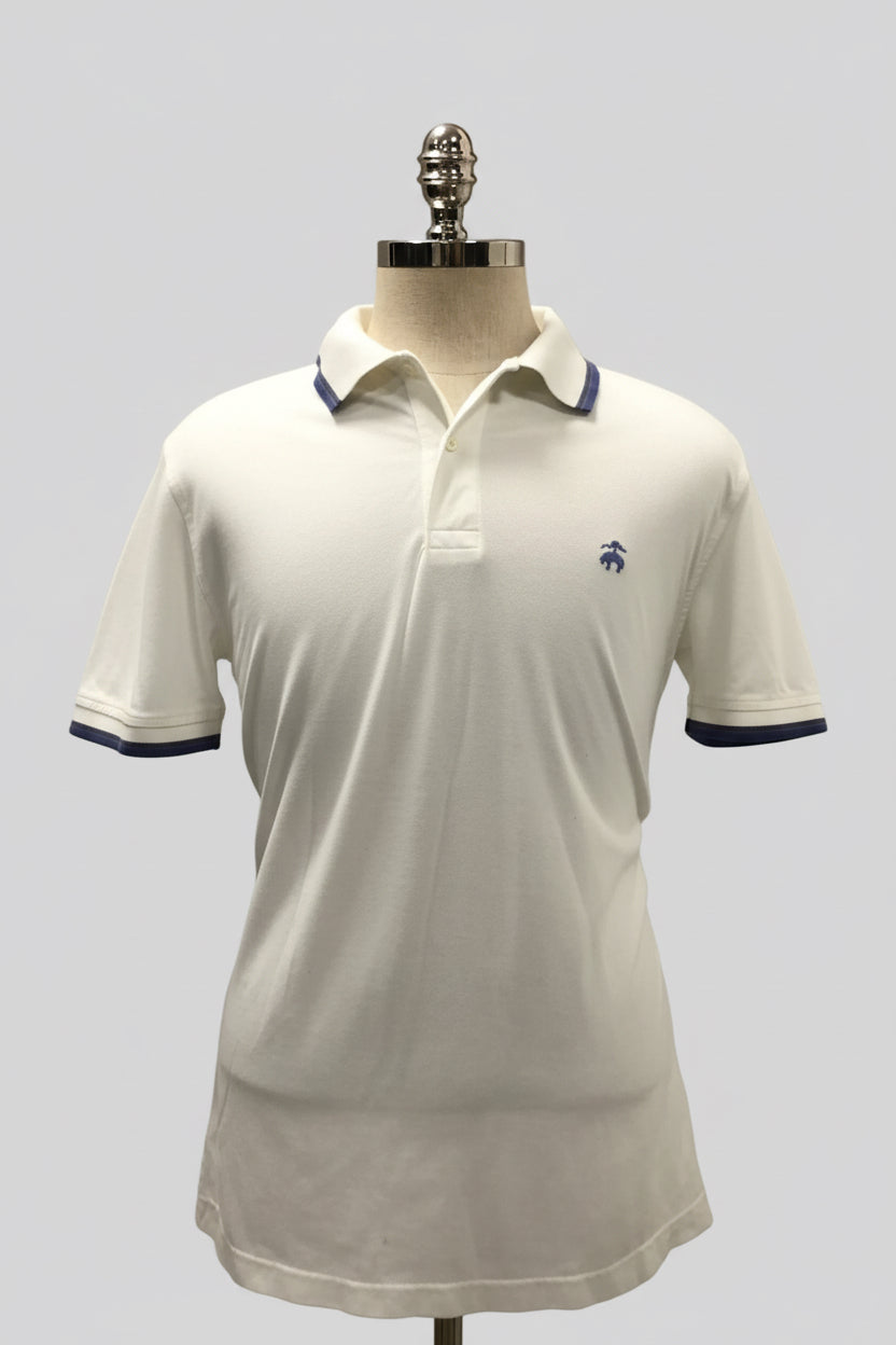 Camiseta Polo Brooks Brothers 🐑 color blanco y diseño con líneas azules Talla L Entalle Slim Fit