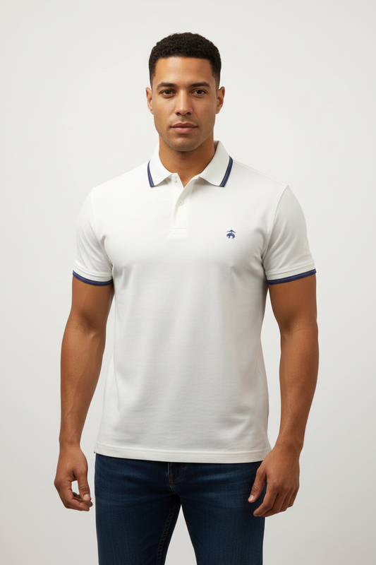 Camiseta Polo Brooks Brothers 🐑 color blanco y diseño con líneas azules Talla L Entalle Slim Fit