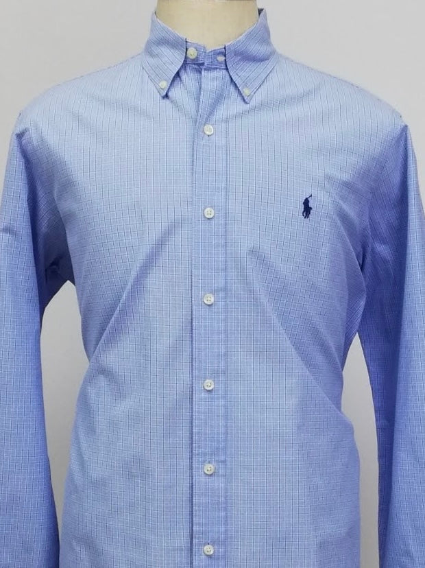 Camisa Polo Ralph Lauren 🏇🏼 color celeste con patron de cuadros en azul navy y blanco Talla L Entalle Regular