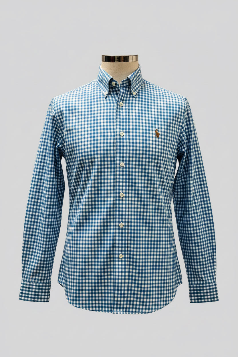 Camisa de botones Polo Ralph Lauren 🏇🏼 Oxford de cuadros gingham celeste y blanco Talla L Entalle Regular (ver descripción)