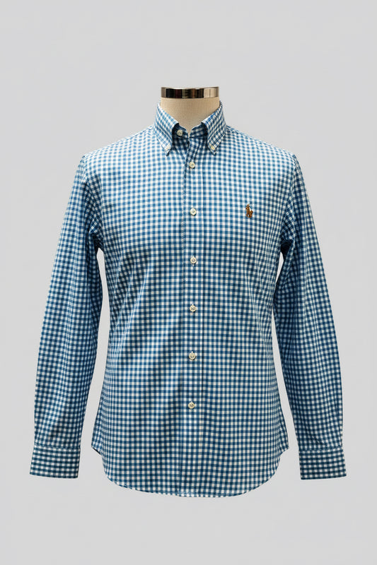 Camisa de botones Polo Ralph Lauren 🏇🏼 Oxford de cuadros gingham celeste y blanco Talla L Entalle Regular (ver descripción)