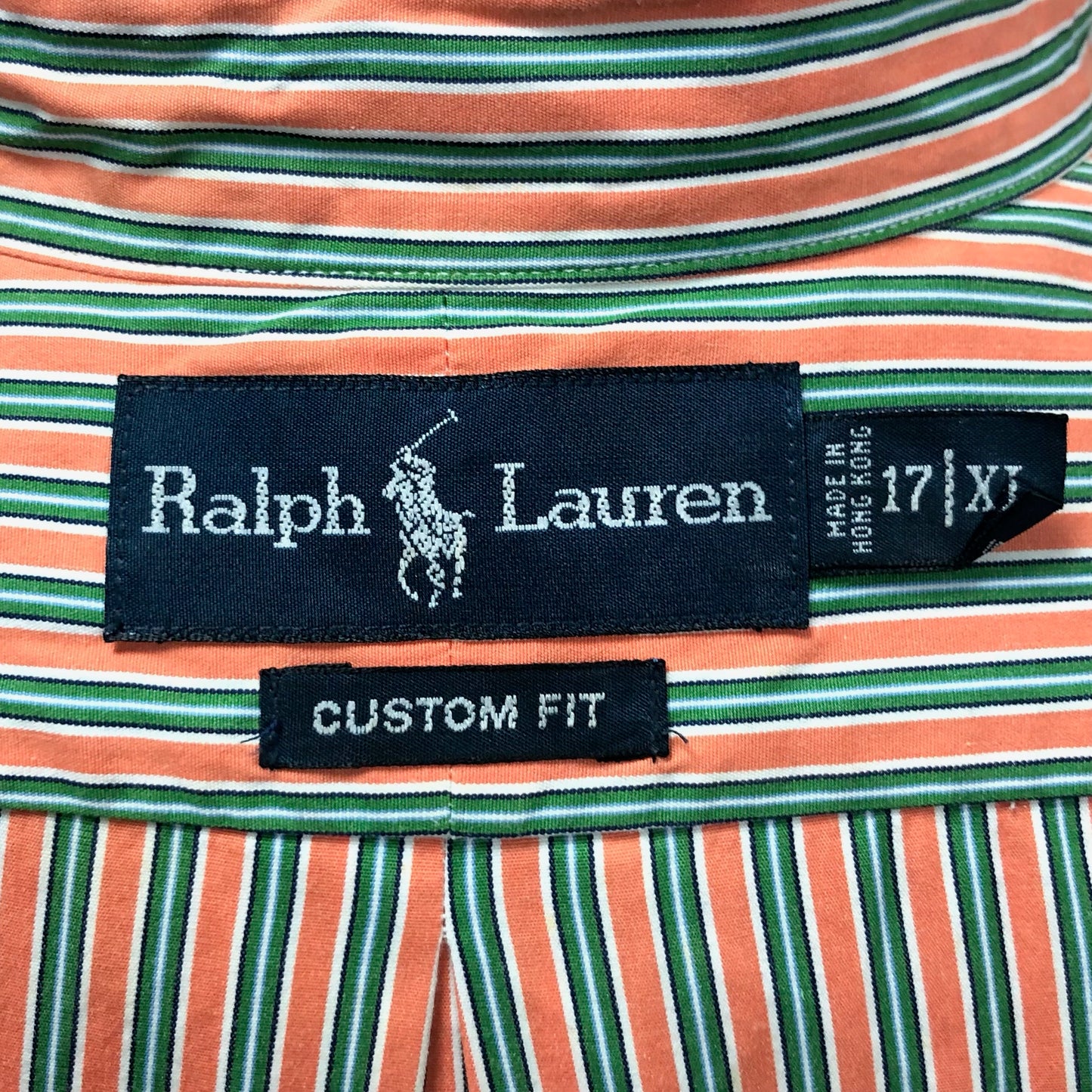Camisa de botones Polo Ralph Lauren 🏇🏼 con patron de rayas en color naranja, verde y blanco Talla XL Entalle Custom Fit