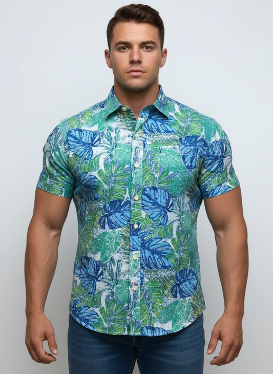 Camisa de botones Tommy Bahama 🌴 color blanco con diseño de hojas en azul y verde Talla S Entalle Regular