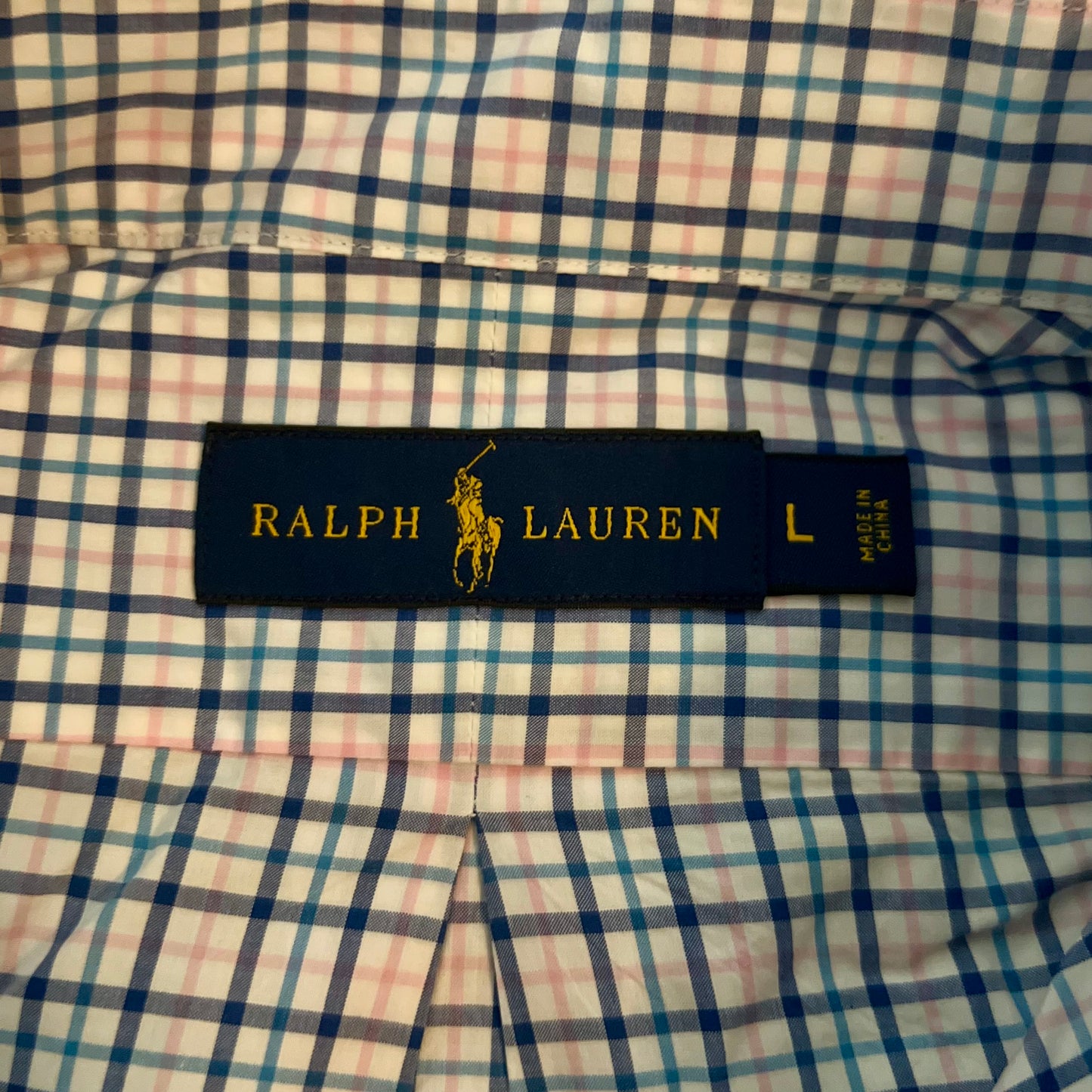 Camisa Polo Ralph Lauren 🏇🏼 color blanco con patrón de cuadros azul y rosado Talla L Entalle Regular