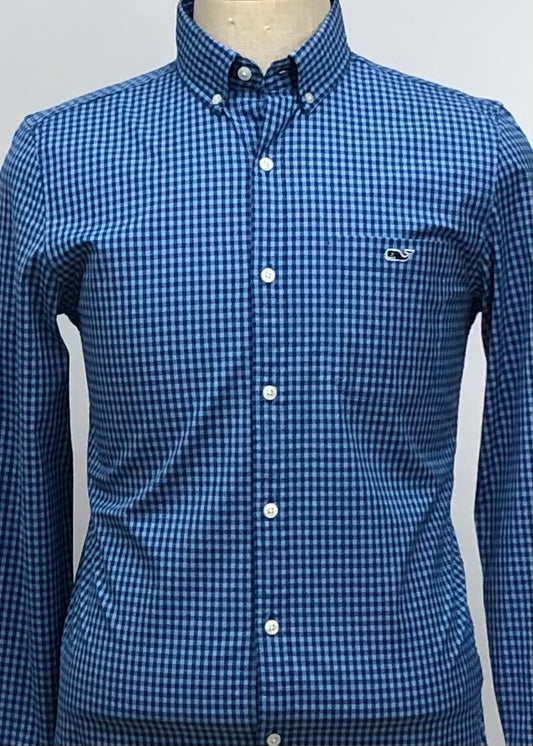 Camisa de botones Vineyard Vines 🐳 con patrón de cuadros gingham en color azul y celeste Talla S Entalle Slim Fit