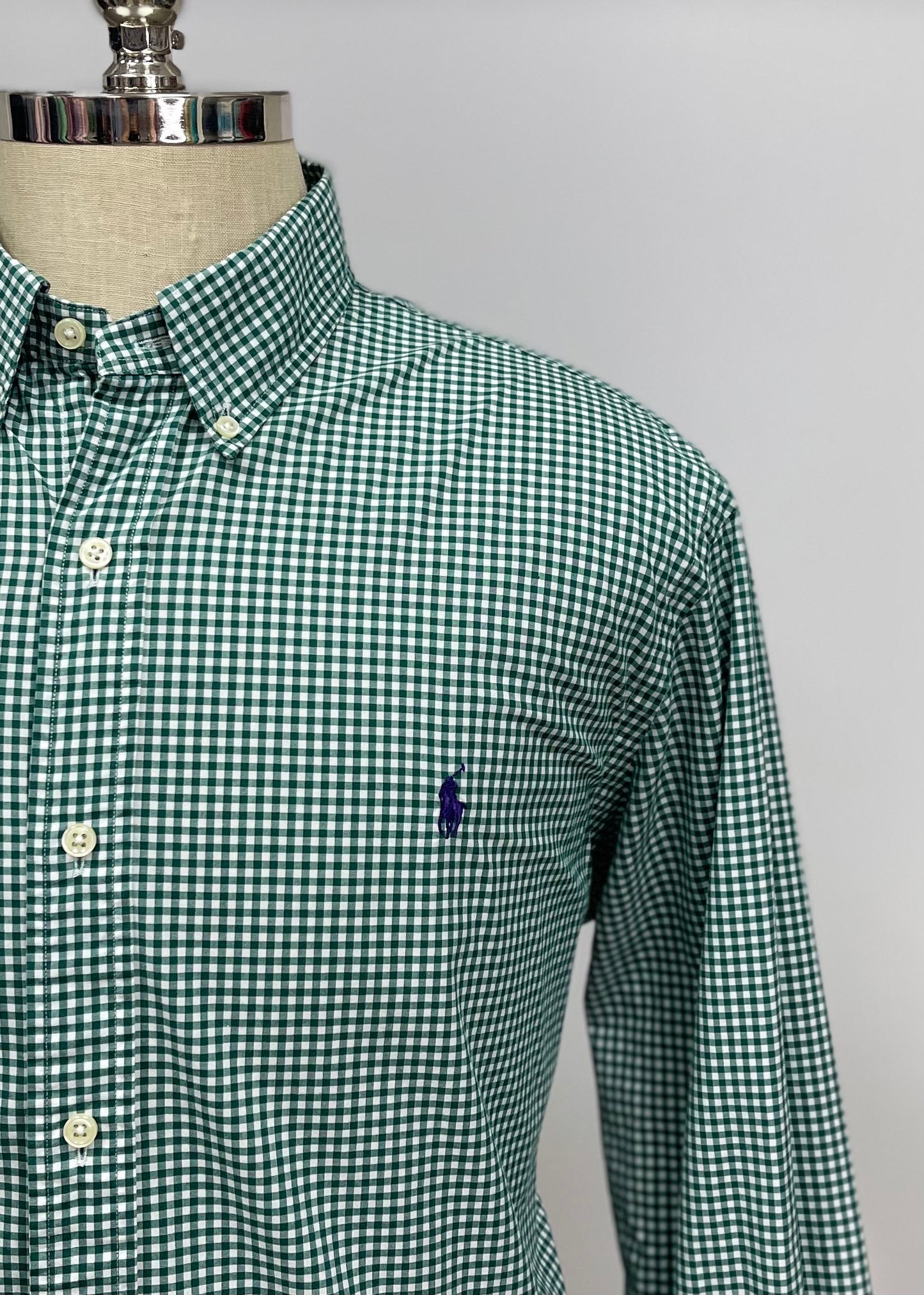 Camisa Polo Ralph Lauren 🏇🏼 con patrón de cuadros gingham verde oscuro y blanco Talla XL Entalle Clasico