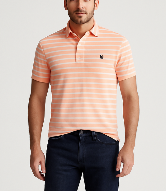 Camiseta Polo Ralph Lauren 🏇🏼 (Knit Oxford) color blanco con patrón del rayas en naranja claro Talla L Entalle Regular