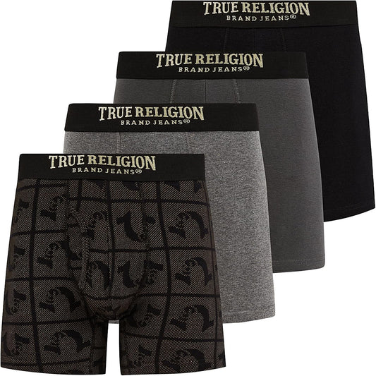 Paquete de 4 Boxers Briefs True Religion 👖 Tela de algodón modal color Negro, gris y diseño de logo Talla S