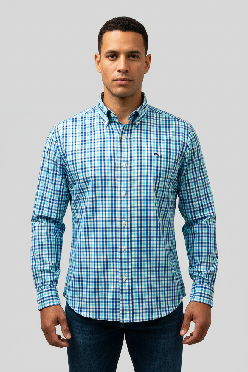 Camisa de botones Vineyard Vines 🐳 de cuadros en color azul, turquesa y blanco Talla M Entalle Slim Fit