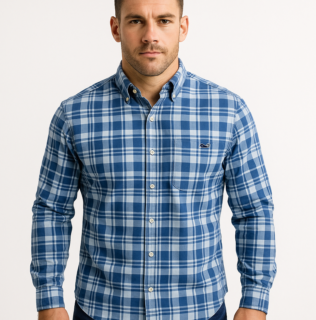Camisa de botones Vineyard Vines 🐳 Performance de cuadros tartán en color azul, celeste y blanco Talla M Entalle Regular