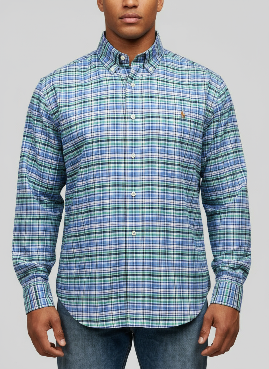 Camisa Polo Ralph Lauren 🏇🏼 de cuadros tartán en color verde, azul y blanco Talla XXL Entalle Regular