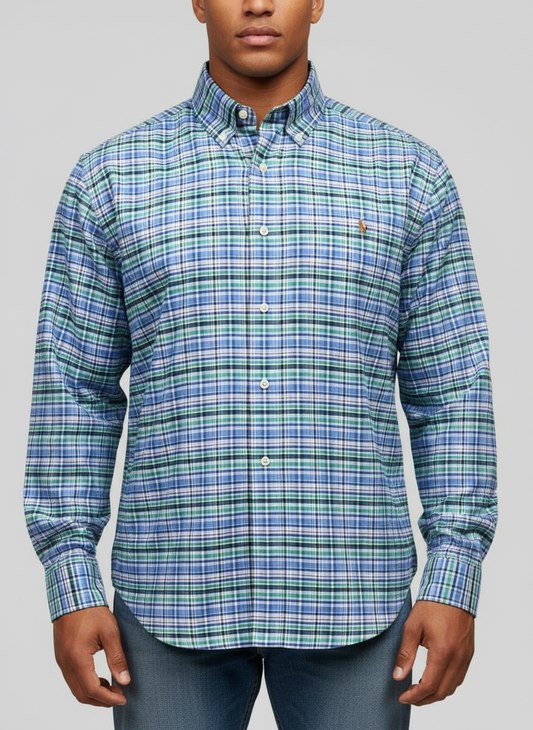 Camisa Polo Ralph Lauren 🏇🏼 de cuadros tartán en color verde, azul y blanco Talla XXL Entalle Regular