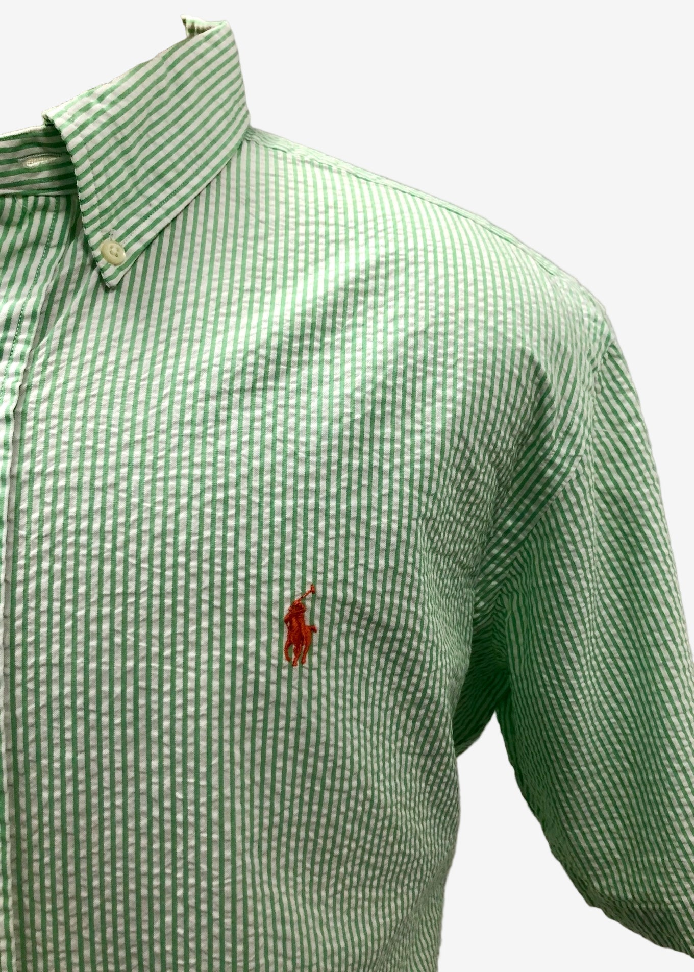 Camisa de botones Polo Ralph Lauren 🏇🏼 Seersucker de rayas en verde y blanco Talla XL Entalle Clásico