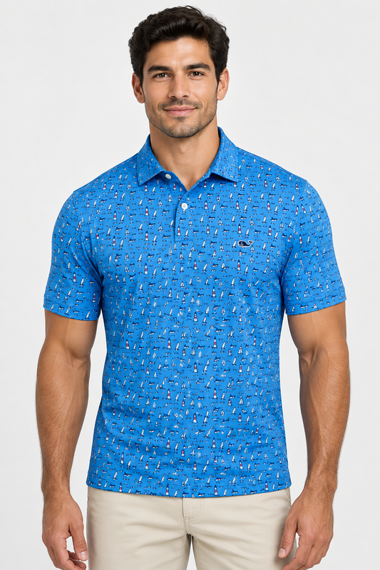 Camiseta Polo Vineyard Vines 🐳 Performance color celeste con diseño marino Talla M Entalle Regular
