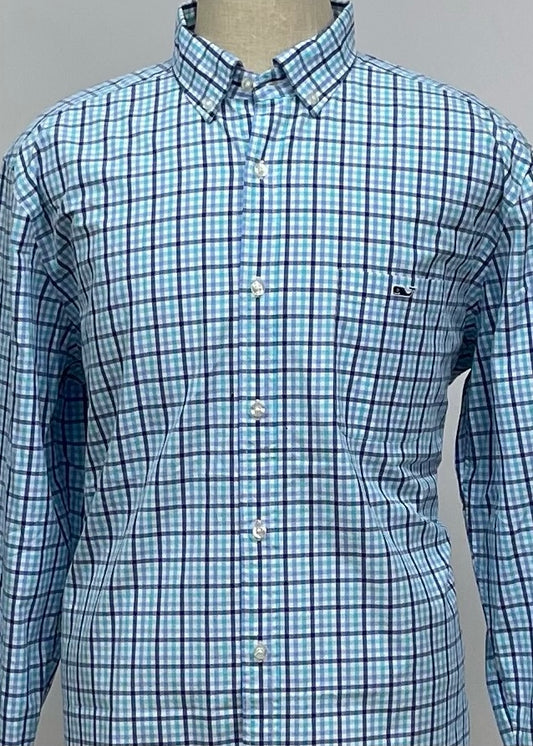 Camisa de botones Vineyard Vines 🐳 color blanco de cuadros en color turquesa y azul Talla XL Entalle Clasico