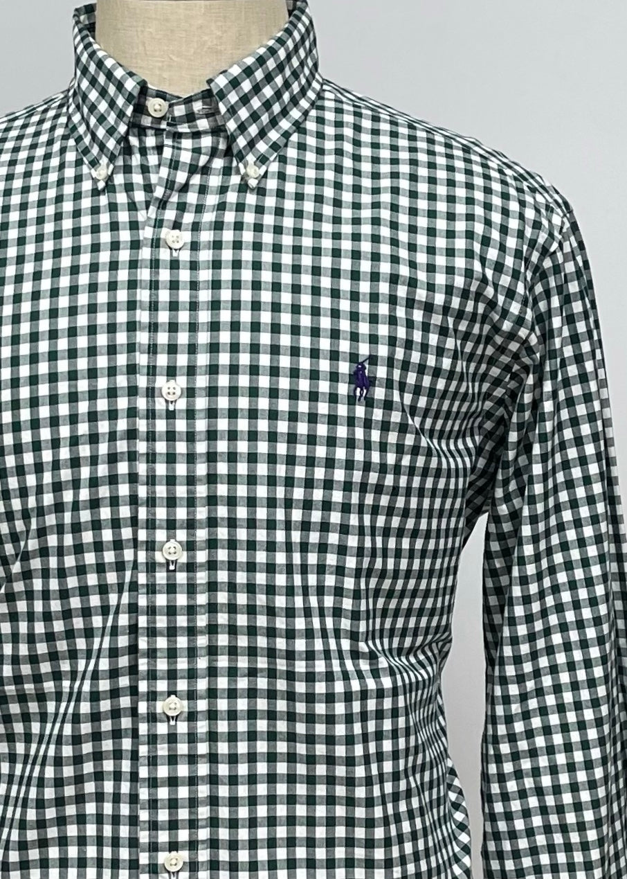 Camisa Polo Ralph Lauren 🏇🏼 con patrón de cuadros gingham verde oscuro y blanco Talla L Entalle Clasico