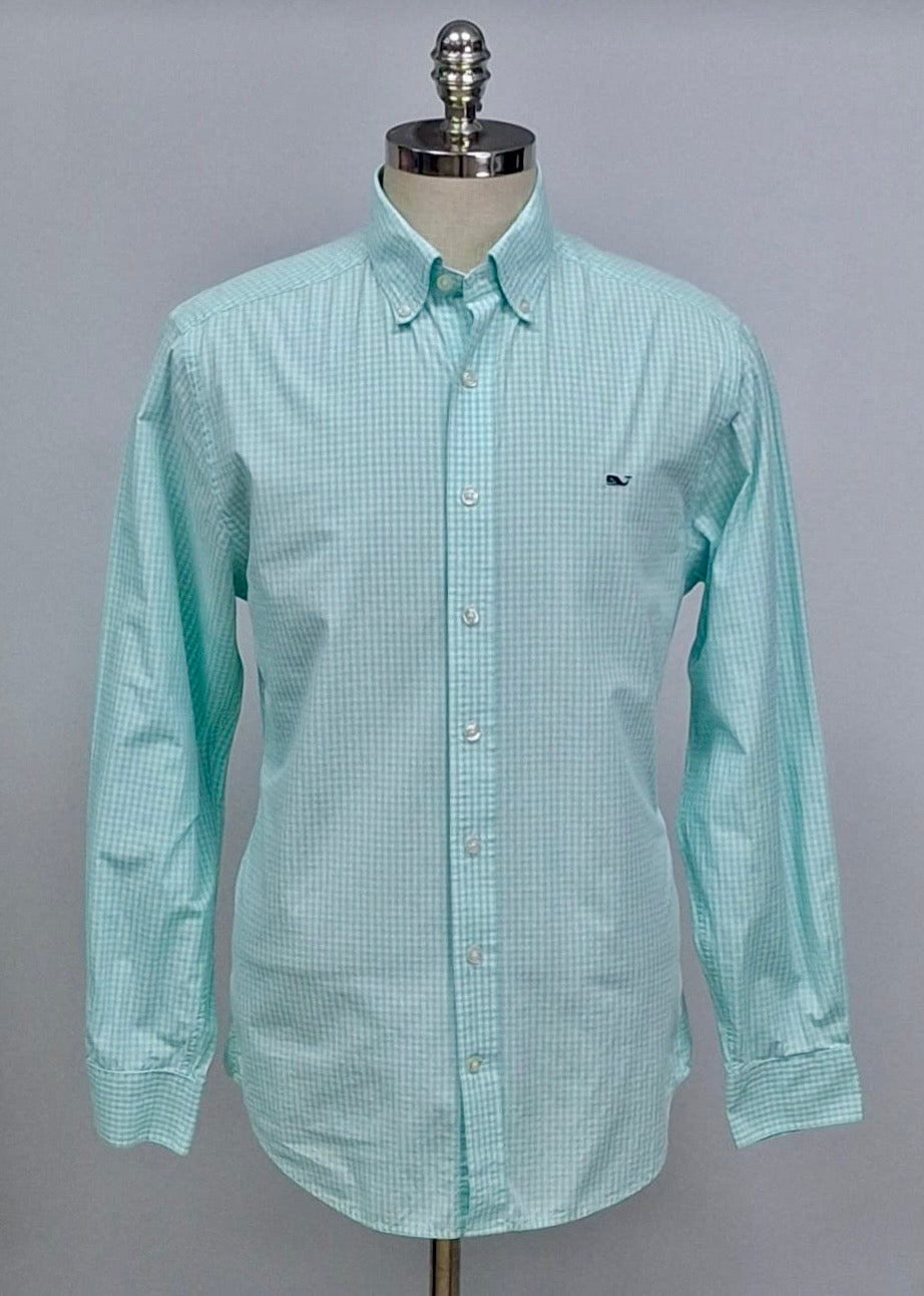 Camisa de botones Vineyard Vines 🐳 con patrón de cuadros gingham en color turquesa claro y blanco Talla M Entalle Slim Fit (ver descripción)