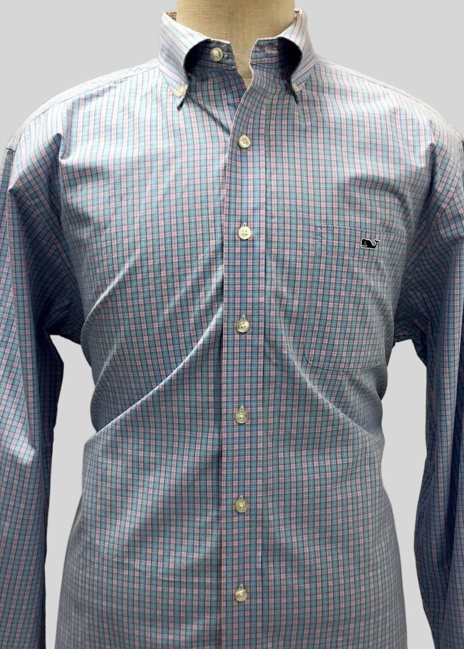 Camisa de botones Vineyard Vines 🐳 de cuadros en color rosado y celeste Talla L Entalle Clásico