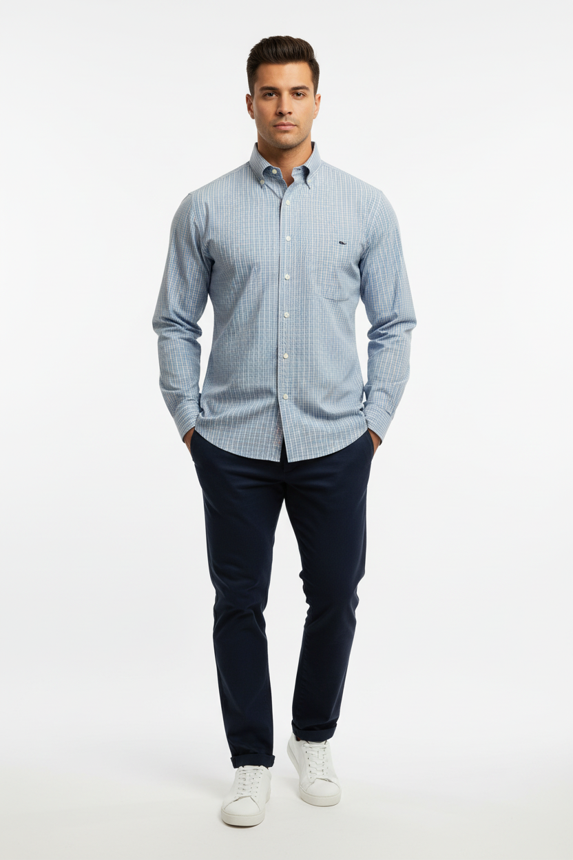 Camisa de botones Vineyard Vines 🐳 de cuadros en color rosado y celeste Talla L Entalle Clásico