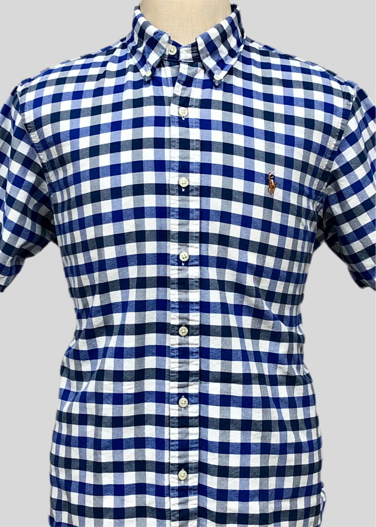Camisa Polo Ralph Lauren 🏇🏼 Oxford blanca con patron de cuadros en color verde oscuro y azul Talla L Entalle Regular