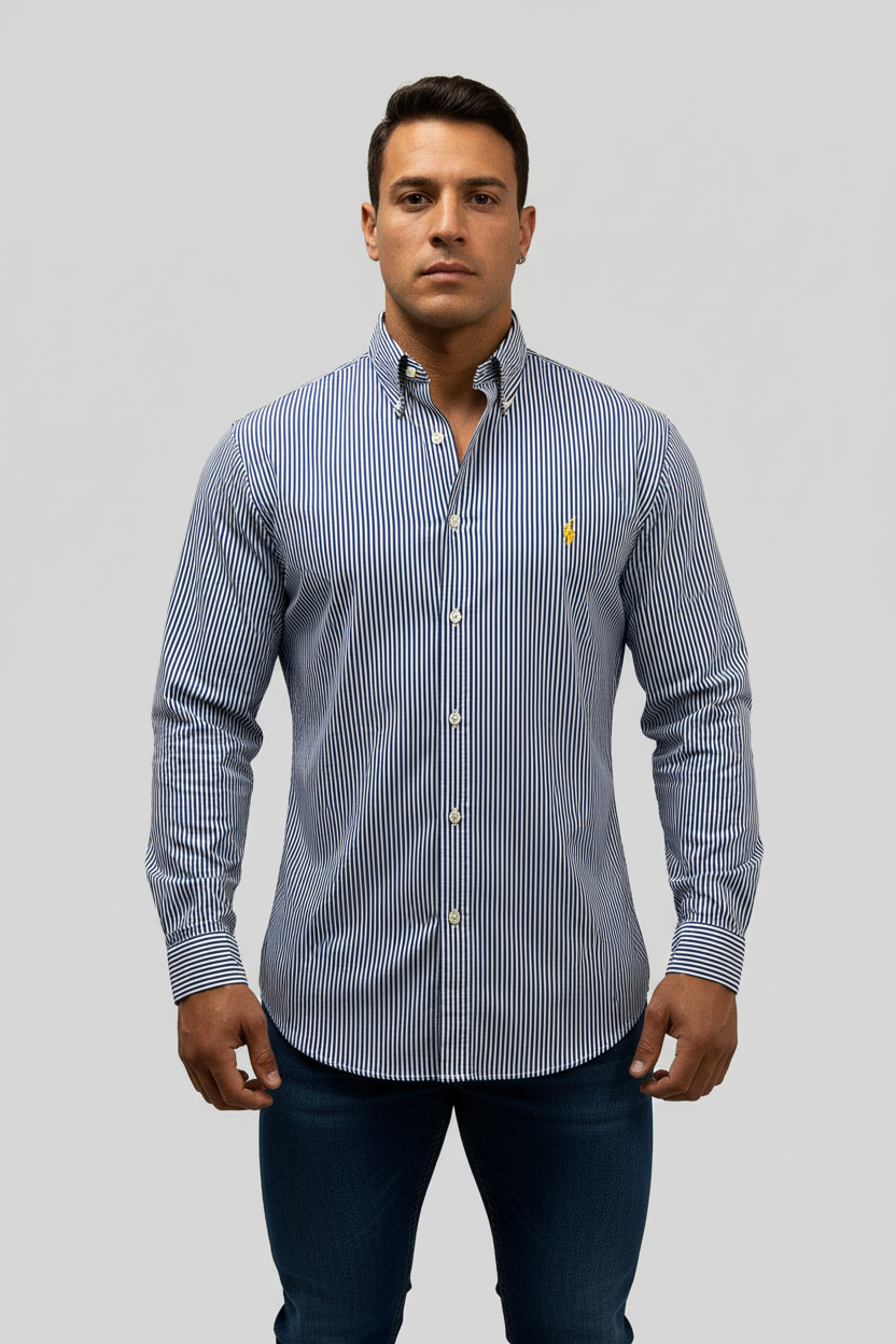 Camisa de botones Polo Ralph Lauren 🏇🏼 de rayas en color azul navy y blanco Talla XL Entalle Custom Fit