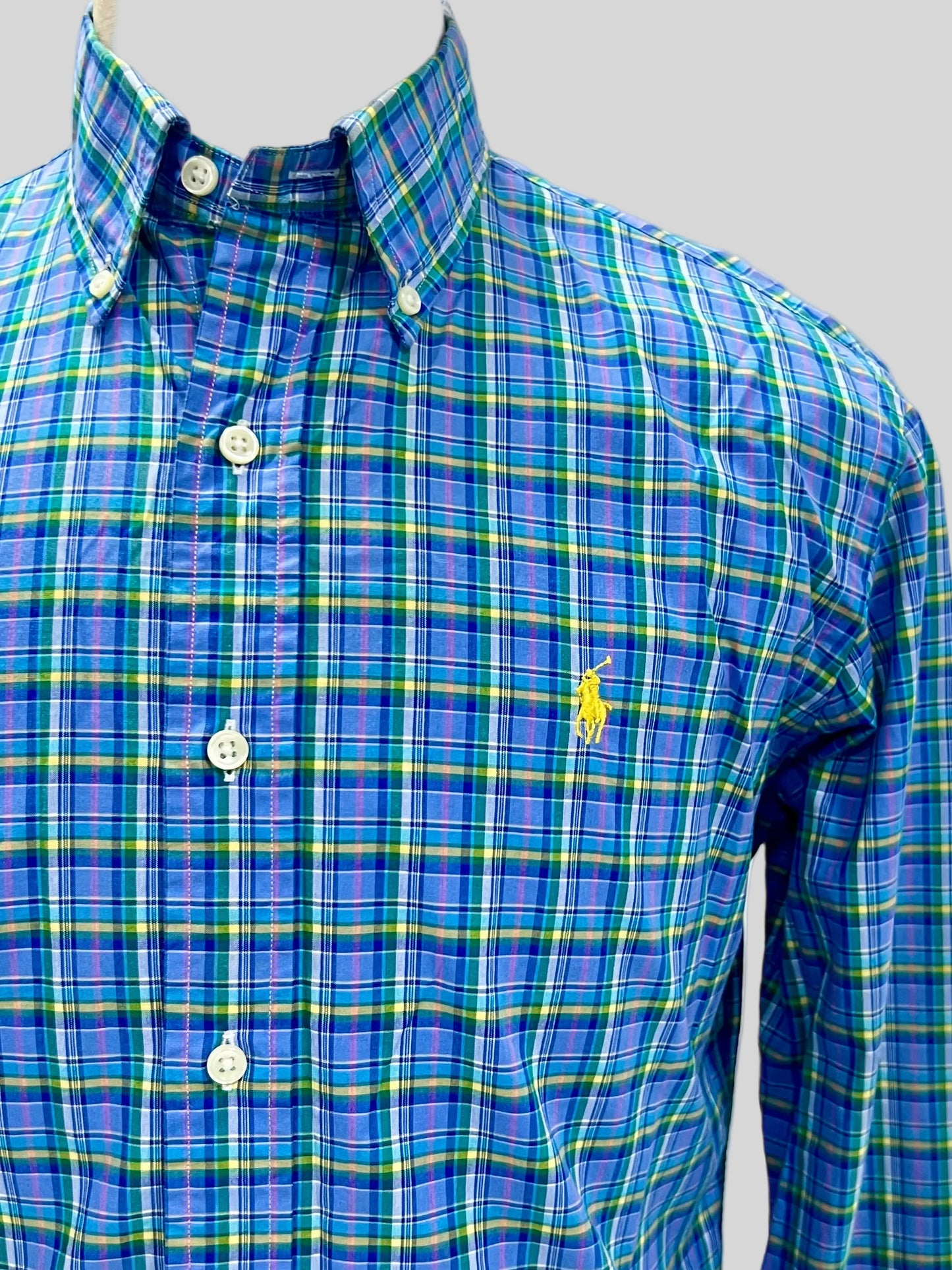 Camisa Polo Ralph Lauren 🏇🏼 color azul de cuadro verde y amarillo Talla M Entalle Custom Fit