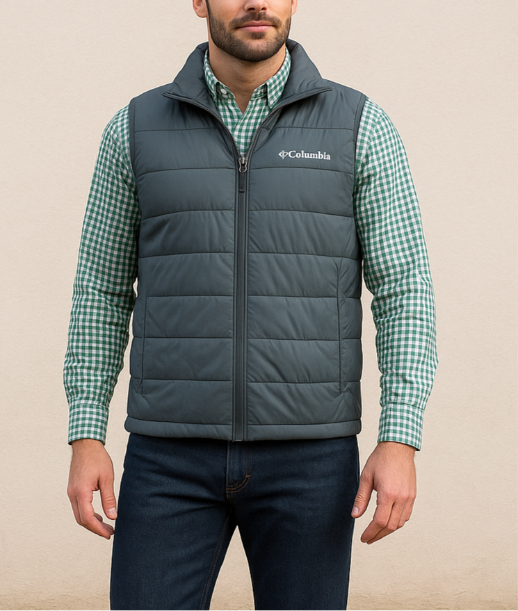 Chaleco Columbia 🔷 Color gris oscuro con zipper completo Talla S