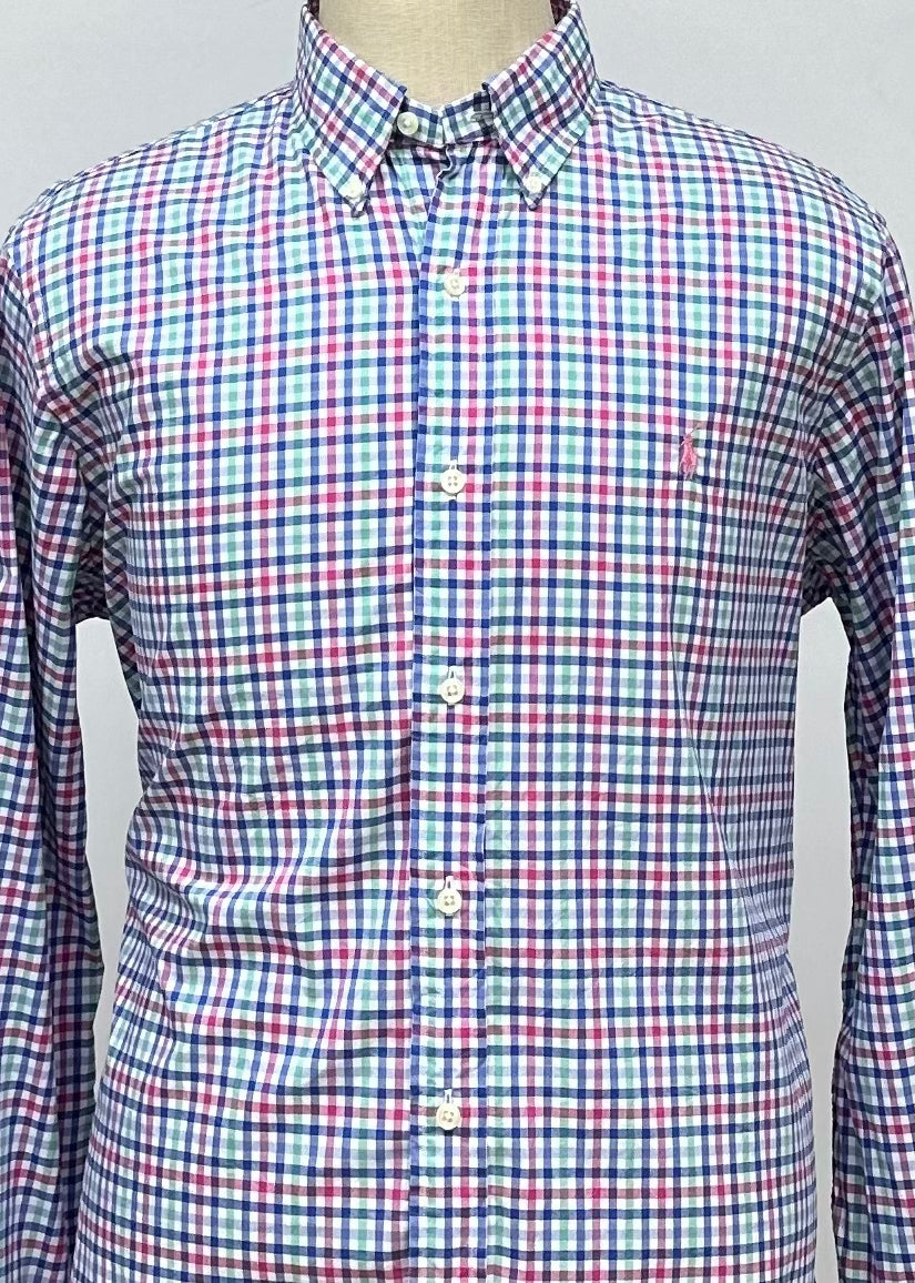 Camisa Polo Ralph Lauren 🏇🏼 color blanco con patron de cuadros en rosado, verde y azul Talla M Entalle Slim Fit