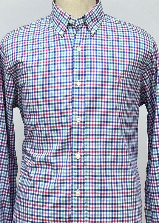 Camisa Polo Ralph Lauren 🏇🏼 color blanco con patron de cuadros en rosado, verde y azul Talla M Entalle Slim Fit