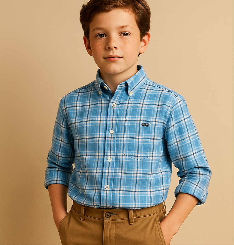 Camisa de niño Vineyard Vines 🐳 con patrón de cuadros en color celeste, azul y blanco Talla M de niño Entalle Regular